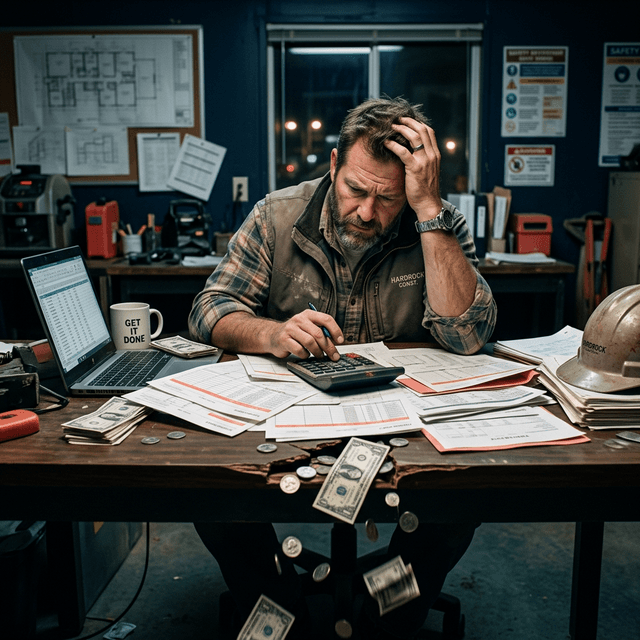 Construction business owner reviewing payroll paperwork and calculator at a desk