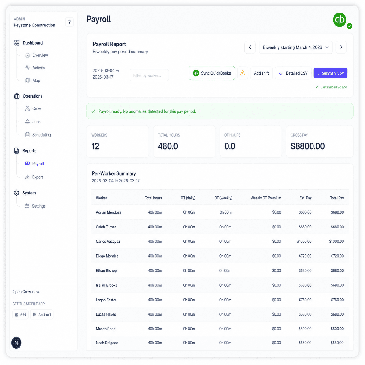 Crewtrace payroll report ready for review and sync