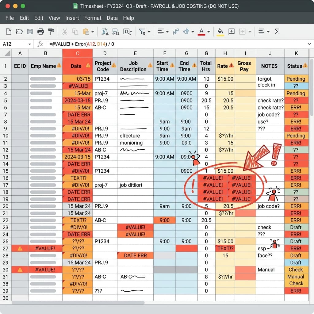 Messy payroll spreadsheet with errors, warnings, and manual notes