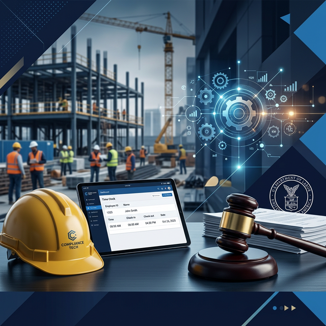 Construction hard hat next to a gavel and digital time clock, representing DOL time clock rules for contractors