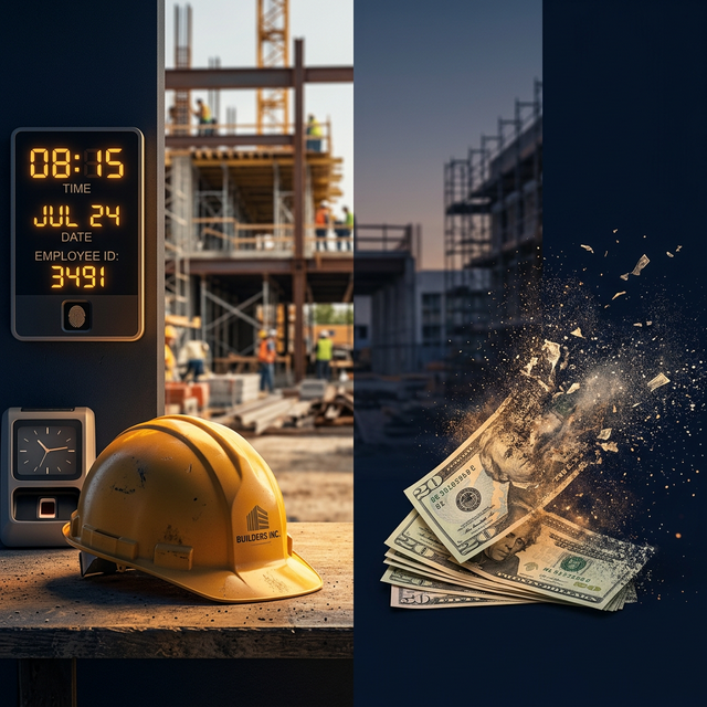 Construction hard hat next to a digital time clock with dollar bills dissolving, representing time theft in construction