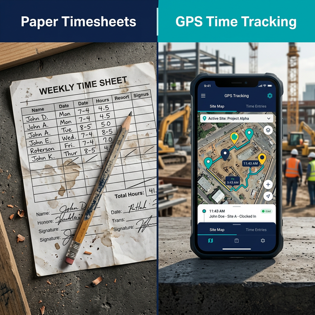 Paper timesheet with pencil contrasted with a smartphone showing GPS time tracking on a construction site