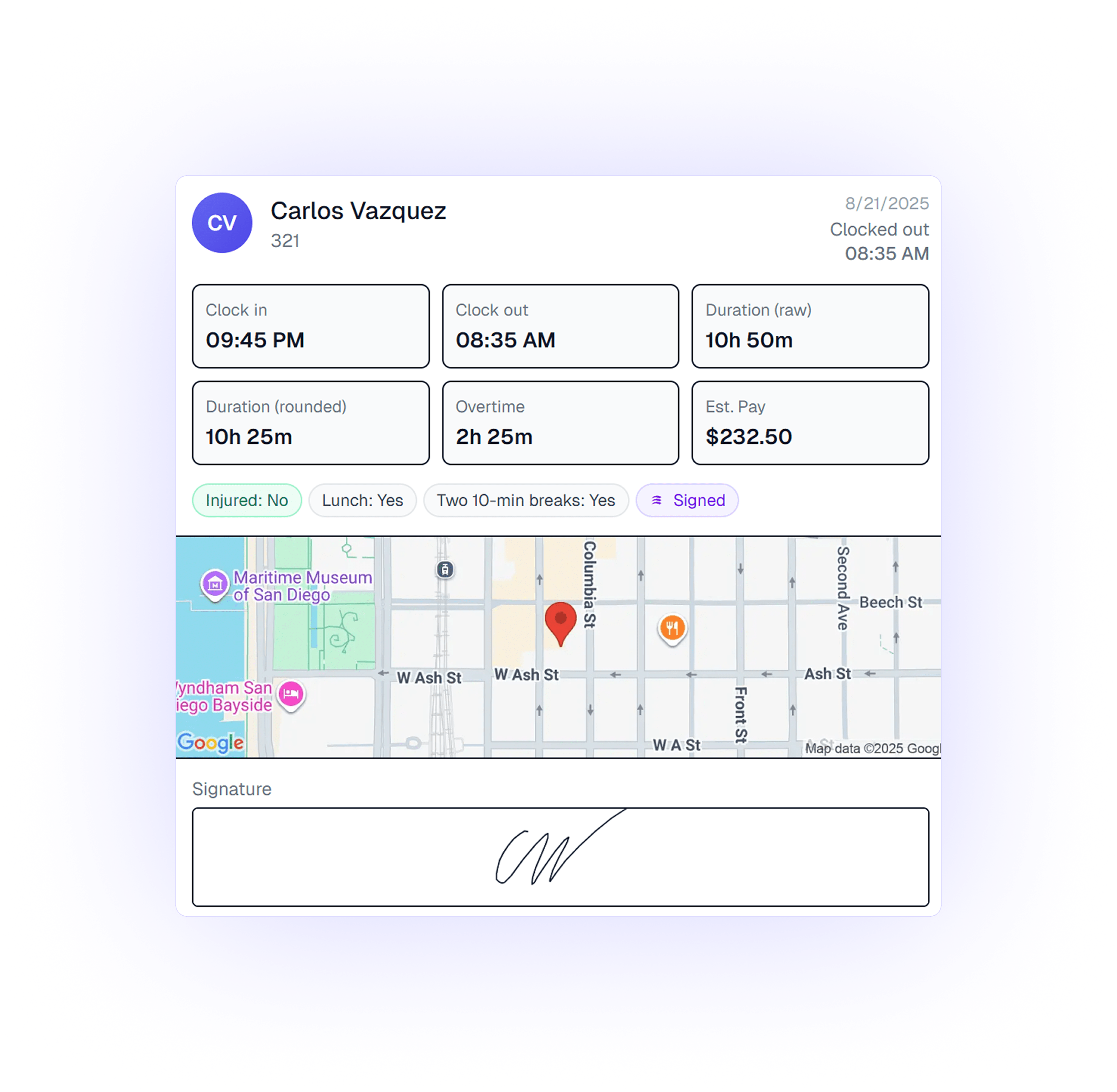 GPS geofence verification showing worker location on job site